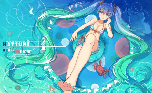 Anime picture 2434x1500 with vocaloid hatsune miku baisi shaonian single looking at viewer blush highres breasts light erotic smile wide image twintails blue hair very long hair multicolored hair barefoot aqua eyes green hair from above inscription