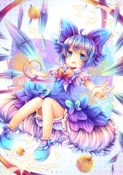 Anime picture 707x1000 with touhou cirno pjrmhm coa single tall image blush short hair open mouth blue eyes blue hair ahoge victory girl dress wings insect butterfly fruit apple ice