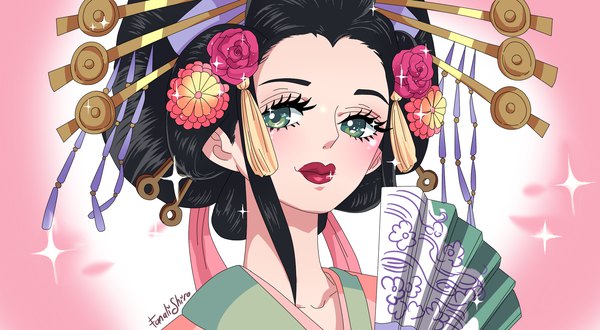 Anime picture 2000x1100 with one piece toei animation komurasaki (one piece) fanalishiro single looking at viewer blush highres short hair black hair simple background wide image green eyes signed upper body hair flower light smile lips sparkle lipstick