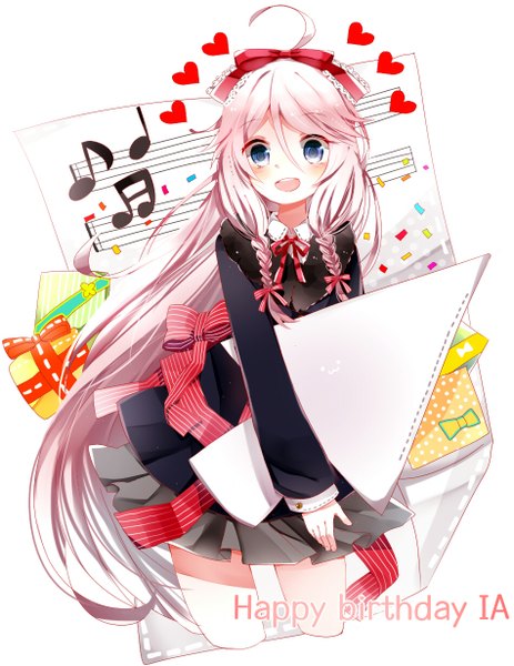 Anime picture 950x1230 with vocaloid ia (vocaloid) niwa (ejizon) single long hair tall image blush fringe open mouth hair between eyes purple eyes holding looking away pink hair ahoge braid (braids) inscription twin braids happy birthday girl