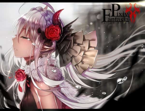 Anime picture 1299x1002 with original pixiv fantasia pixiv fantasia fallen kings s a~ single long hair blush eyes closed profile hair flower pointy ears grey hair depth of field tears logo girl dress hair ornament flower (flowers) rose (roses)