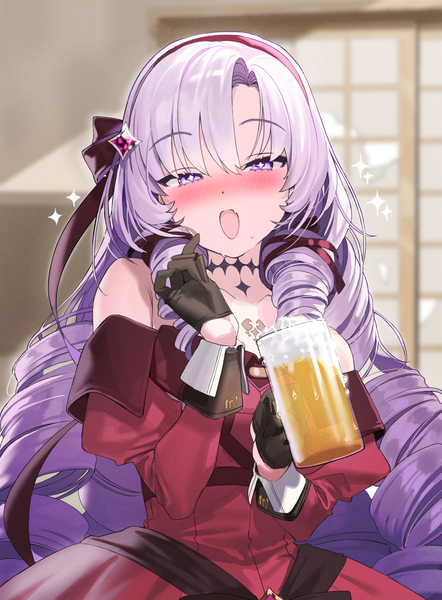 Anime picture 1191x1617 with virtual youtuber nijisanji hyakumantenbara salome hyakumantenbara salome (1st costume) kanzarin (hoochikiss) single long hair tall image looking at viewer blush open mouth purple eyes purple hair indoors :d drill hair drunk girl dress gloves