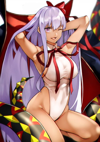 Anime picture 1058x1500 with fate (series) fate/grand order bb (fate) (all) bb (swimsuit mooncancer) (fate) yoshio (55level) single tall image looking at viewer breasts open mouth light erotic large breasts purple eyes purple hair very long hair one eye closed armpit (armpits) kneeling sideboob adjusting hair