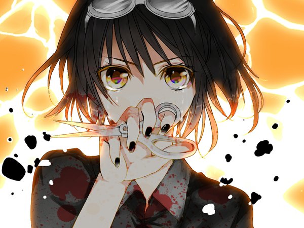 Anime picture 1024x768 with vocaloid gumi tagme (artist) single looking at viewer short hair black hair holding yellow eyes nail polish crying black nail polish girl blood goggles blouse scissors
