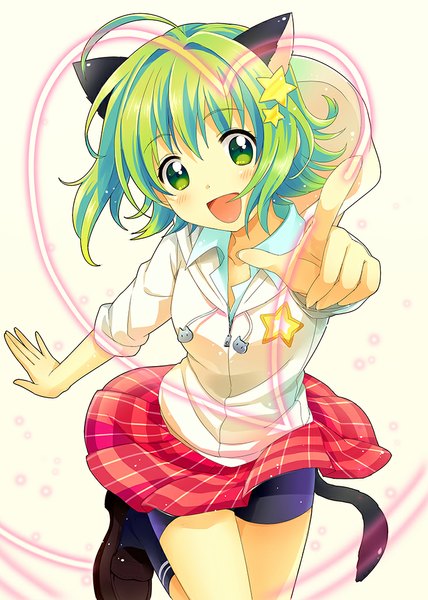 Anime-Bild 744x1044 mit vocaloid gumi sakuro single tall image looking at viewer blush fringe short hair open mouth simple background smile white background green eyes animal ears tail animal tail green hair cat ears cat tail