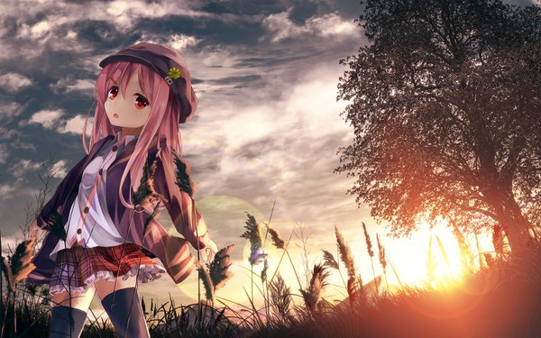 Anime picture 1500x938 with original kagayan1096 single long hair looking at viewer blush fringe open mouth hair between eyes red eyes pink hair cloud (clouds) pleated skirt sunlight open jacket :o from below zettai ryouiki lens flare evening