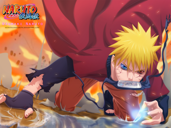 Anime picture 1380x1035 with naruto studio pierrot naruto (series) uzumaki naruto silvercore94 single short hair blue eyes blonde hair red eyes inscription heterochromia coloring mouth hold torn clothes magic facial mark reflection scar smoke