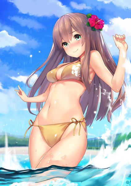 Anime picture 1265x1789 with original kagematsuri single long hair tall image blush light erotic brown hair green eyes sky cloud (clouds) hair flower revision girl navel flower (flowers) swimsuit bikini sea floral print bikini