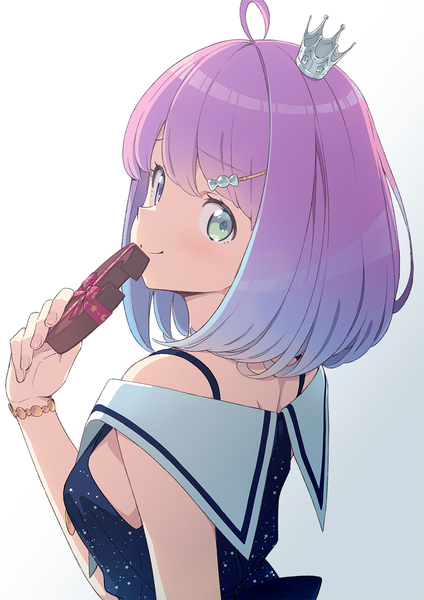 Anime picture 955x1351 with virtual youtuber hololive himemori luna himemori luna (3rd costume) kanzaki hiro single tall image looking at viewer short hair simple background smile purple hair upper body ahoge heterochromia turning head official alternate costume valentine starry sky print girl