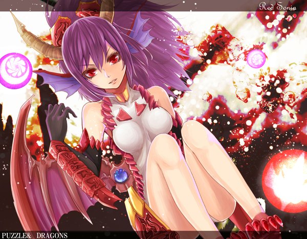 Anime picture 1977x1544 with puzzle & dragons sonia (p&d) yukihama single long hair looking at viewer fringe highres light erotic red eyes sitting bare shoulders animal ears purple hair bent knee (knees) parted lips horn (horns) teeth fang (fangs) copyright name