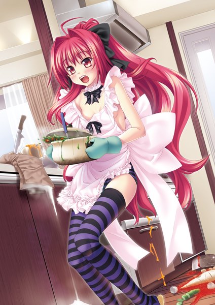 Anime picture 1457x2064 with shinkyoku soukai polyphonica corticarte apa lagranges kannatsuki noboru single long hair tall image blush open mouth light erotic red eyes ahoge ponytail red hair cooking nearly naked apron girl thighhighs apron striped thighhighs knife