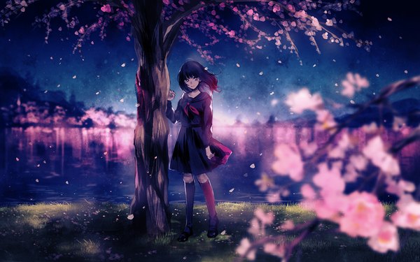 Anime picture 1120x700 with original yumeno yume single looking at viewer fringe short hair black hair smile standing purple eyes payot full body head tilt wind blurry night depth of field night sky cherry blossoms light