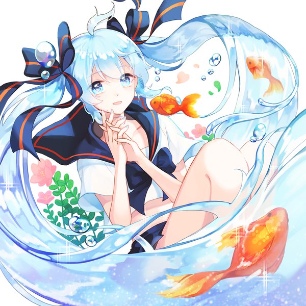 Anime picture 1300x1300 with vocaloid hatsune miku bottle miku ruk (spi1116) single looking at viewer blue eyes white background twintails blue hair ahoge very long hair sparkle hands clasped interlocked fingers liquid hair girl uniform flower (flowers) ribbon (ribbons)