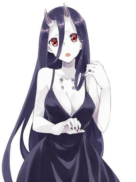 Anime picture 800x1066 with kantai collection battleship-symbiotic hime maruki (punchiki) single tall image looking at viewer breasts open mouth black hair simple background hair between eyes red eyes white background bare shoulders cleavage upper body very long hair nail polish horn (horns) white skin