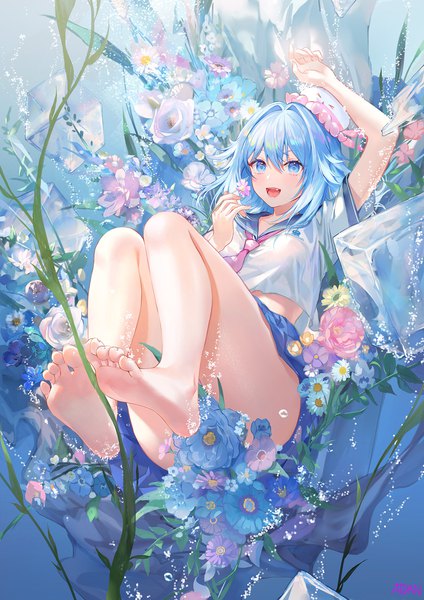 Anime picture 1343x1900 with vocaloid synthesizer v haiyi atdan single tall image looking at viewer fringe short hair open mouth blue eyes light erotic smile hair between eyes signed blue hair full body bent knee (knees) :d barefoot