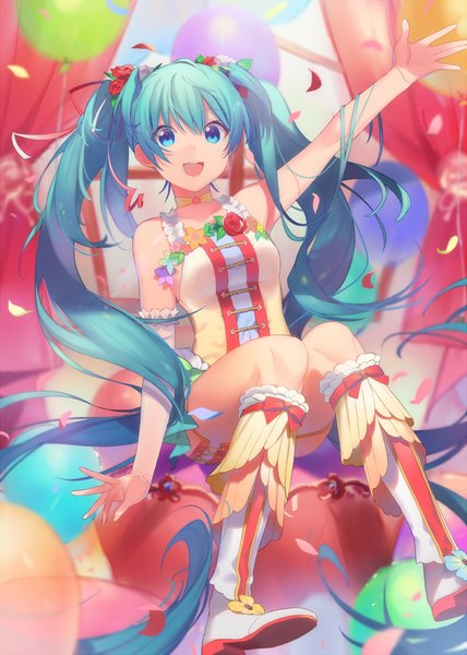 Anime picture 800x1120 with vocaloid hatsune miku heiwa (murasiho) single long hair tall image looking at viewer fringe open mouth blue eyes hair between eyes sitting very long hair :d arm up girl detached sleeves petals choker knee boots