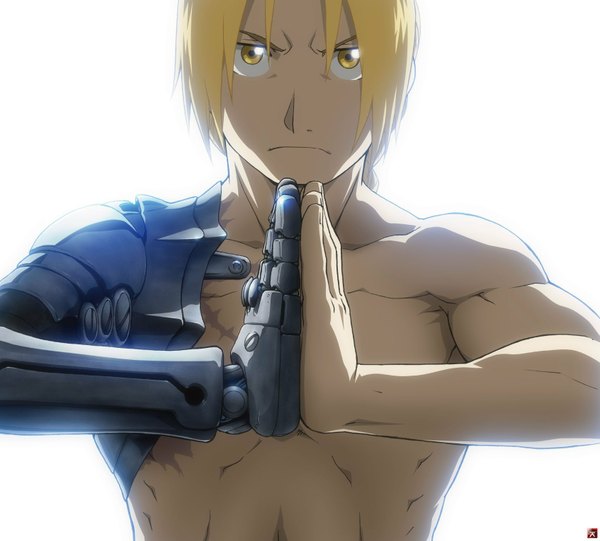 Anime picture 1694x1529 with fullmetal alchemist brotherhood edward elric single looking at viewer simple background blonde hair white background yellow eyes scar frown mechanical parts >:( boy prosthesis