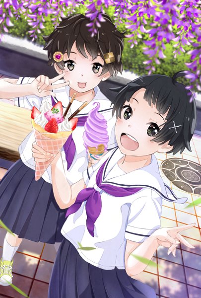Anime picture 787x1165 with original taka (tsmix) tall image looking at viewer blush fringe short hair open mouth black hair standing multiple girls holding outdoors :d pleated skirt black eyes teeth shadow short sleeves depth of field
