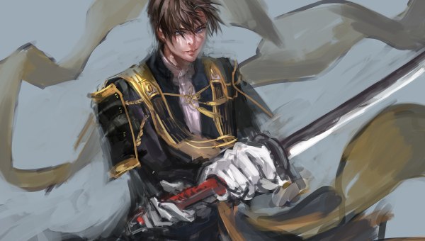 Anime picture 1200x680 with touken ranbu nitroplus heshikiri hasebe yamakawa umi single fringe short hair blue eyes simple background hair between eyes brown hair wide image from above wind grey background fighting stance boy gloves uniform weapon