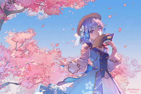 Anime picture 4000x2667 with genshin impact kamisato ayaka kamisato ayaka (springbloom missive) miji black single looking at viewer fringe highres short hair blue eyes signed absurdres silver hair blunt bangs cherry blossoms official alternate costume covered mouth spring girl hair ornament