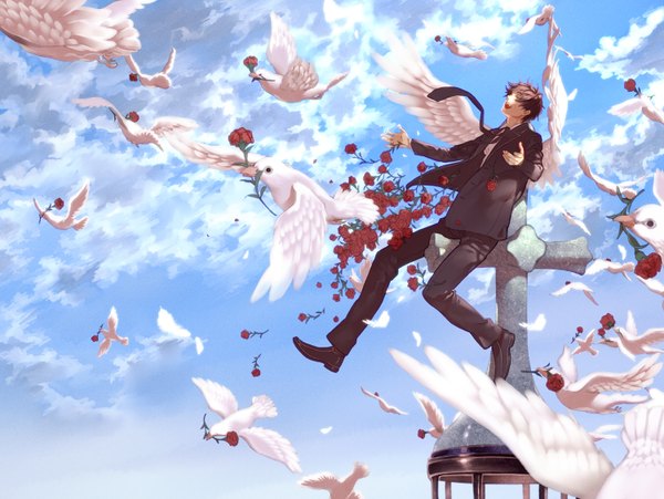Anime picture 1500x1129 with axis powers hetalia studio deen spain (hetalia) ao (artist) short hair open mouth brown hair sitting sky cloud (clouds) eyes closed flying flock boy flower (flowers) animal necktie bird (birds) pants feather (feathers)