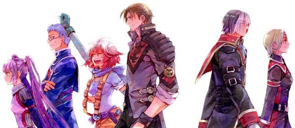 Anime picture 1300x568 with tales of graces sophie (tales) pascal hubert ozwell malik caesars kurt roberia long hair short hair blue eyes simple background blonde hair brown hair wide image white background twintails multiple girls brown eyes purple hair red hair