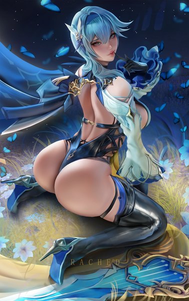 Anime picture 1473x2338 with genshin impact eula lawrence rached (wulben) single long hair tall image looking at viewer blush fringe breasts light erotic hair between eyes large breasts sitting brown eyes signed blue hair full body ass looking back