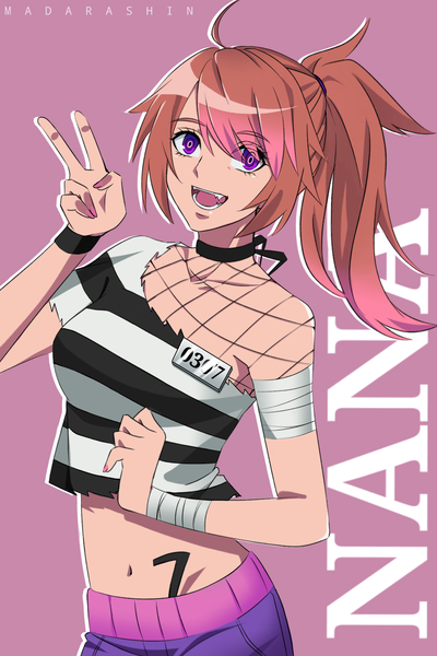 Anime picture 1230x1843 with nanbaka original madara shinn single long hair tall image looking at viewer fringe open mouth simple background smile brown hair purple eyes bare shoulders signed ahoge upper body ponytail nail polish arm up