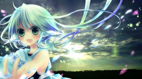 Anime picture 1241x690 with original konno kengo single long hair blush open mouth smile wide image green eyes animal ears sky cloud (clouds) multicolored hair sunlight girl dress petals sun