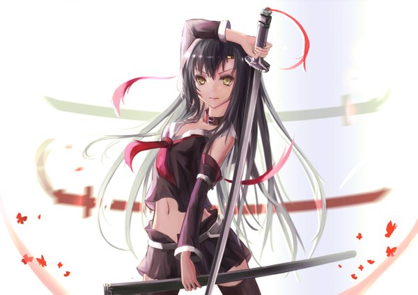 Anime picture 4960x3507 with original wangchuan de quanyan single long hair looking at viewer fringe highres light erotic black hair standing white background holding brown eyes absurdres pleated skirt multicolored hair arm up fingernails green hair wind
