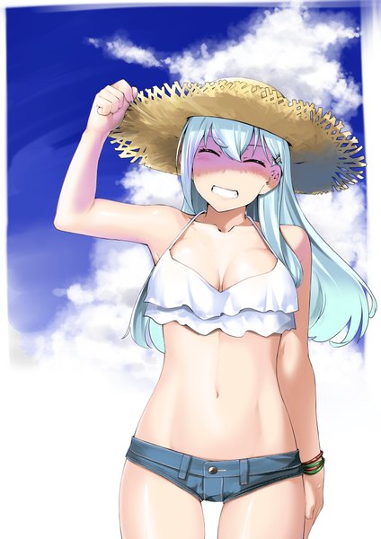 Anime picture 707x1000 with kantai collection suzuya heavy cruiser mr.lostman single long hair tall image blush fringe breasts light erotic smile hair between eyes large breasts bare shoulders cleavage silver hair cloud (clouds) eyes closed arm up teeth