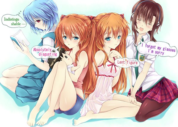 Anime picture 1200x859 with neon genesis evangelion rebuild of evangelion evangelion: 2.0 you can (not) advance gainax soryu asuka langley ayanami rei makinami mari illustrious modern afro long hair blush short hair open mouth blue eyes red eyes brown hair multiple girls blue hair cleavage eyes closed barefoot