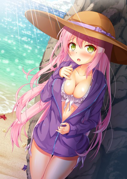 Anime picture 2894x4093 with original kugatsu tooka single long hair tall image looking at viewer blush fringe highres breasts open mouth light erotic hair between eyes large breasts standing green eyes pink hair cleavage outdoors beach