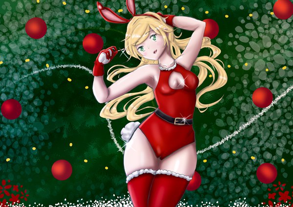 Anime picture 7016x4961 with original rainbow d fox single long hair looking at viewer fringe highres open mouth light erotic blonde hair standing green eyes animal ears absurdres cleavage arms up sparkle fake animal ears christmas bunny girl