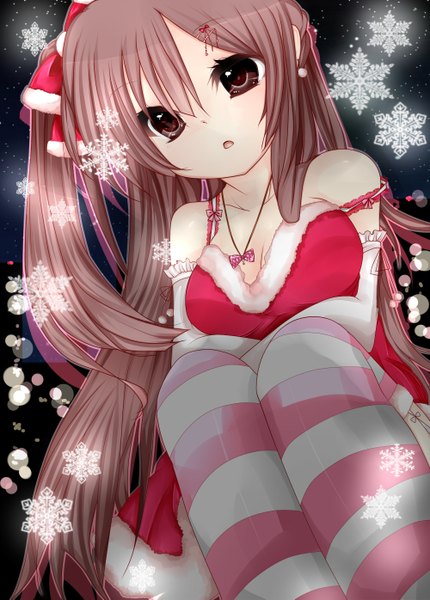 Anime picture 1000x1395 with original sakuragi yuzuki long hair tall image open mouth brown hair brown eyes cleavage girl thighhighs gloves bow hair bow elbow gloves striped thighhighs snowflake (snowflakes)