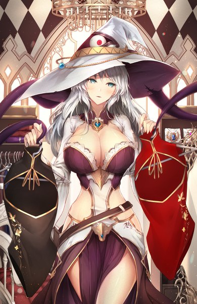Anime picture 780x1200 with original limeblock single long hair tall image blush fringe breasts blue eyes light erotic large breasts standing holding looking away cleavage silver hair indoors head tilt thighs shiny skin
