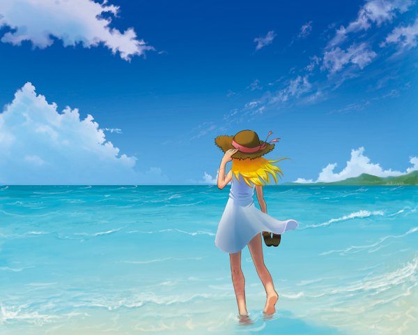 Anime picture 1280x1024 with blonde hair sky beach hat sundress
