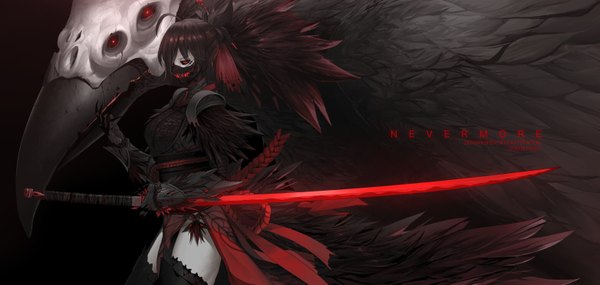 Anime picture 1564x743 with rwby rooster teeth grimm raven branwen dishwasher1910 single long hair looking at viewer fringe breasts black hair simple background smile hair between eyes red eyes wide image standing holding signed ponytail