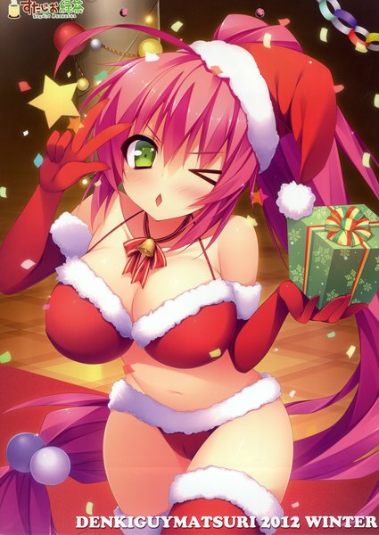 Anime picture 2435x3435 with shukufuku no kane no oto wa anapom single long hair tall image blush highres open mouth light erotic bare shoulders green eyes pink hair cleavage one eye closed wink scan fur trim victory christmas girl