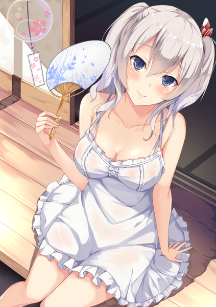 Anime picture 595x842 with kantai collection kashima training cruiser chuxue single long hair tall image looking at viewer blush breasts blue eyes light erotic smile sitting silver hair girl sundress fan