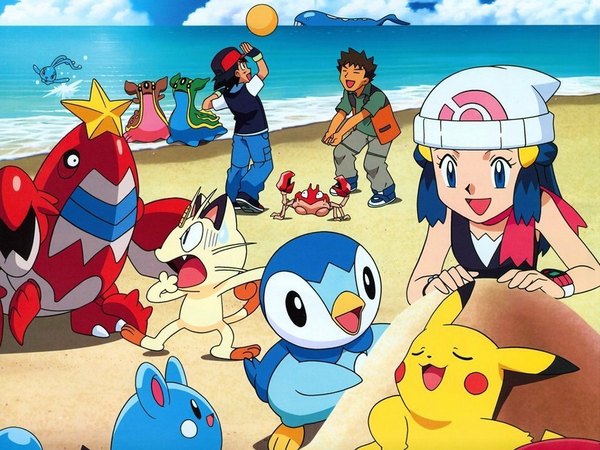 Anime picture 1024x768 with pokemon nintendo pikachu dawn (pokemon) piplup meowth wailord manaphy takeshi (pokemon) krabby azurill gastrodon crawdaunt short hair open mouth blue eyes sky cloud (clouds) multiple boys beach
