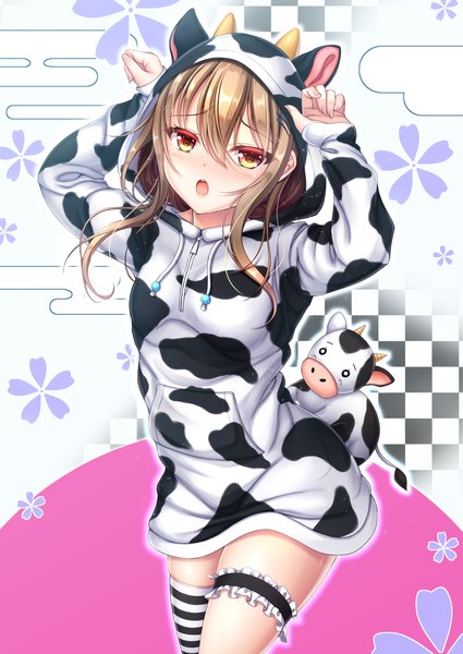 Anime picture 1254x1771 with original hiro (725611) single long hair tall image looking at viewer fringe open mouth hair between eyes brown hair brown eyes :o sleeves past wrists new year otoko no ko checkered paw pose checkered background animal hood outline