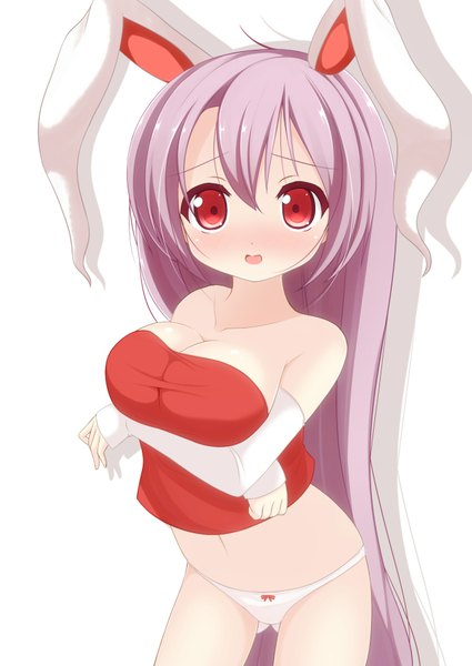 Anime picture 1290x1821 with touhou reisen udongein inaba chimunge long hair tall image blush breasts open mouth light erotic simple background red eyes large breasts white background purple hair girl navel underwear panties