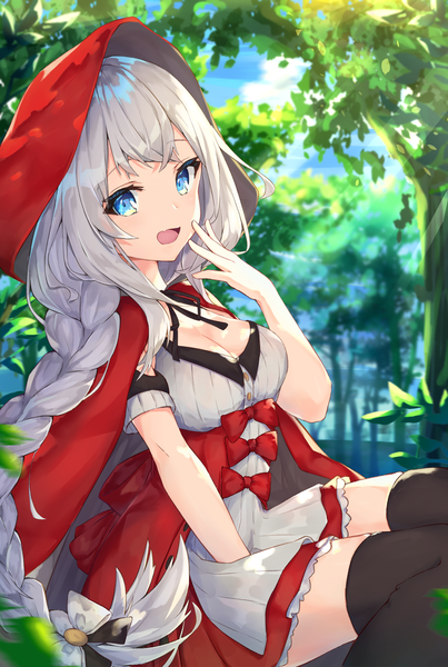 Anime picture 967x1440 with fate (series) fate/grand order marie antoinette (fate/grand order) mishuo (misuo69421) single long hair tall image looking at viewer fringe breasts open mouth sitting payot sky cleavage silver hair cloud (clouds) bent knee (knees) outdoors braid (braids)