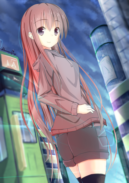 Anime picture 1020x1447 with original shirotaso0818 single long hair tall image brown hair brown eyes city girl thighhighs black thighhighs shorts sweater