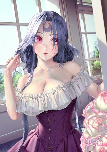 Anime picture 1360x1920 with original ryuki@maguro-ex single long hair tall image fringe breasts light erotic large breasts standing bare shoulders signed blue hair looking away sky cleavage indoors nail polish pink eyes arm up
