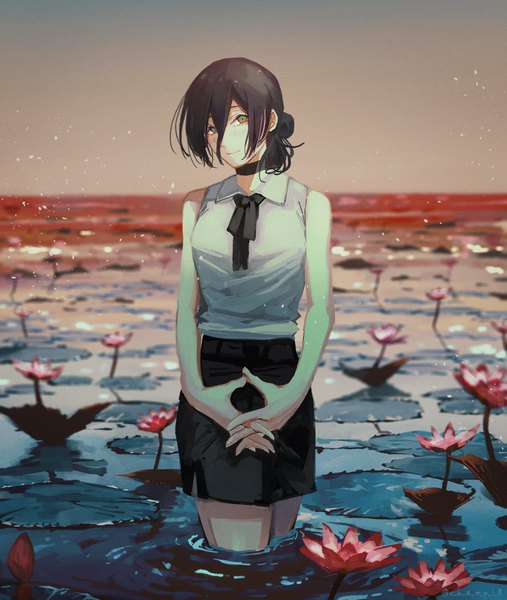 Anime picture 1608x1903 with chainsaw man mappa reze (chainsaw man) champi single tall image looking at viewer fringe short hair black hair smile hair between eyes standing green eyes sleeveless partially submerged horizon interlocked fingers girl skirt