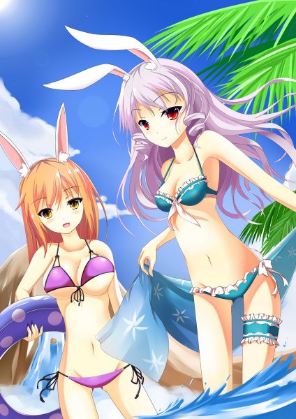 Anime picture 848x1200 with original fatkewell long hair tall image light erotic red eyes multiple girls brown eyes animal ears sky silver hair cloud (clouds) orange hair bunny ears drill hair girl navel 2 girls swimsuit bikini