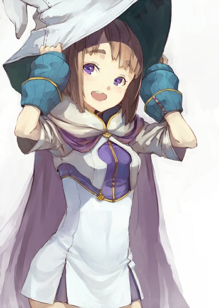 Anime picture 713x1000 with original suzuno (bookshelf) single tall image looking at viewer short hair open mouth simple background brown hair white background purple eyes witch girl dress hat cape wrist cuffs short dress witch hat