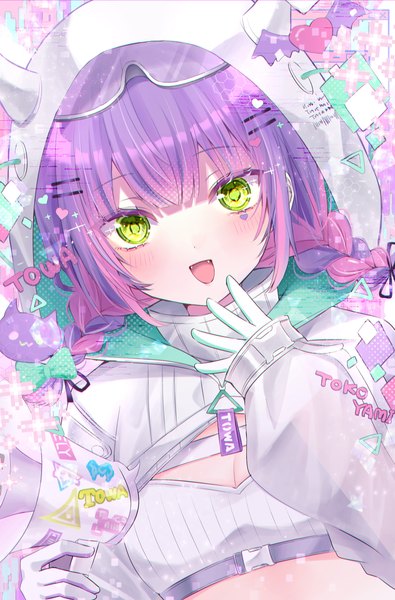 Anime picture 2070x3147 with virtual youtuber hololive tokoyami towa tokoyami towa (5th costume) chibana sora single long hair tall image looking at viewer blush fringe highres open mouth green eyes purple hair upper body braid (braids) :d horn (horns) tattoo
